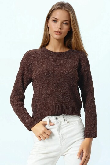 Kabartma Desenli Bisiklet Yaka Uzun Kollu Triko Kazak