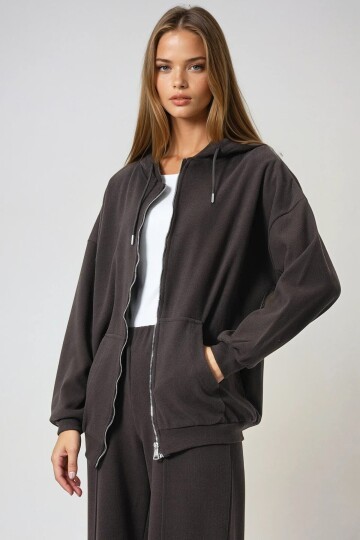 Çift Cepli Fermuar Kapamalı Kapüşonlu Hırka