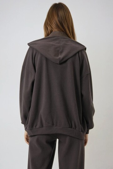 Çift Cepli Fermuar Kapamalı Kapüşonlu Hırka