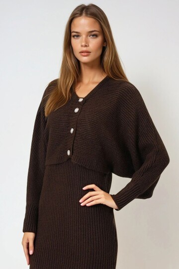 Düğme Kapamalı Crop Hırka ve Ön Arka V Yaka Fitilli Triko Elbise Takım