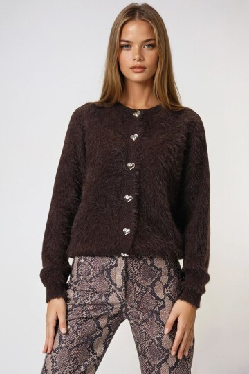 Kahverengi Kalp Düğme Detaylı Sakallı Hırka