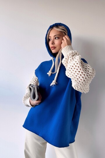 Kapüşonlu File Örgü Kol Bağcıklı 3 İplik Sweatshirt