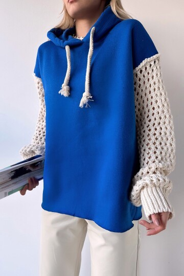 Kapüşonlu File Örgü Kol Bağcıklı 3 İplik Sweatshirt