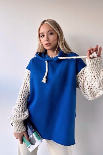 Kapüşonlu File Örgü Kol Bağcıklı 3 İplik Sweatshirt