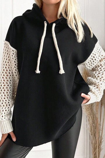 Kapüşonlu File Örgü Kol Bağcıklı 3 İplik Sweatshirt