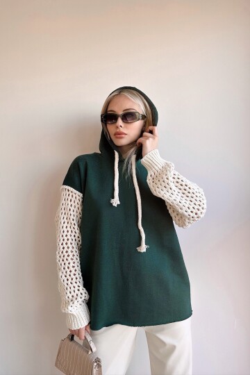 Kapüşonlu File Örgü Kol Bağcıklı 3 İplik Sweatshirt