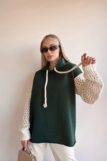 Kapüşonlu File Örgü Kol Bağcıklı 3 İplik Sweatshirt