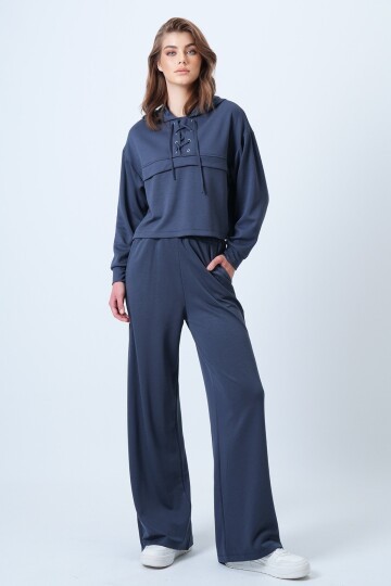 Kapüşonlu Kuş Gözlü Sweat Ve Palazo Pantolon Modal Takım