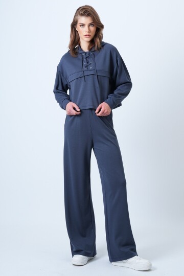 Kapüşonlu Kuş Gözlü Sweat Ve Palazo Pantolon Modal Takım