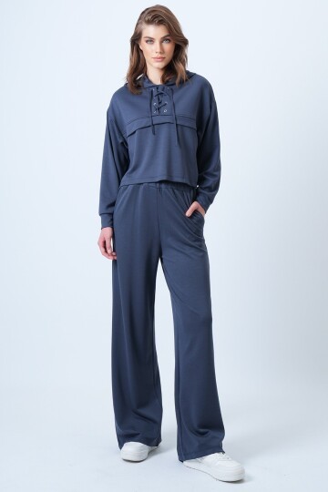 Kapüşonlu Kuş Gözlü Sweat Ve Palazo Pantolon Modal Takım