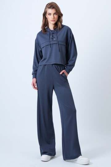 Kapüşonlu Kuş Gözlü Sweat Ve Palazo Pantolon Modal Takım