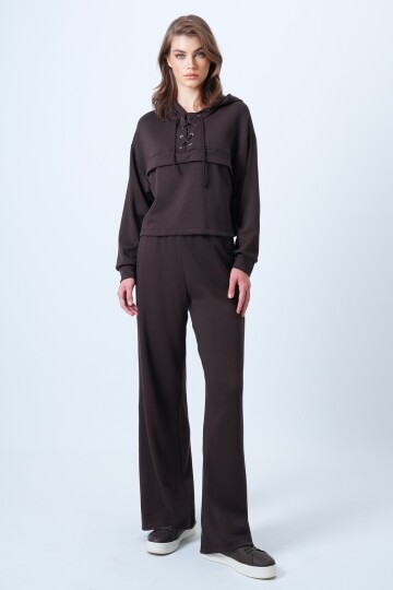 Kapüşonlu Kuş Gözlü Sweat Ve Palazo Pantolon Modal Takım
