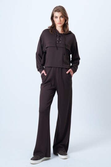 Kapüşonlu Kuş Gözlü Sweat Ve Palazo Pantolon Modal Takım