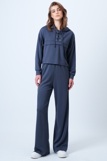 Kapüşonlu Kuş Gözlü Sweat Ve Palazo Pantolon Modal Takım