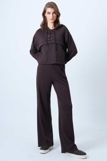 Kapüşonlu Kuş Gözlü Sweat Ve Palazo Pantolon Modal Takım