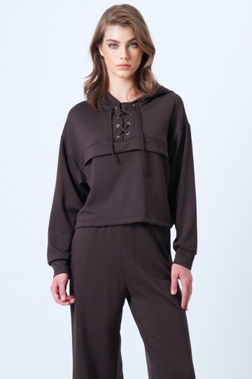 Kapüşonlu Kuş Gözlü Sweat Ve Palazo Pantolon Modal Takım