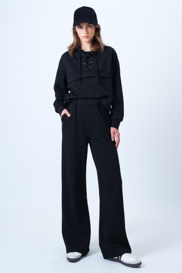 Kapüşonlu Kuş Gözlü Sweat Ve Palazo Pantolon Modal Takım