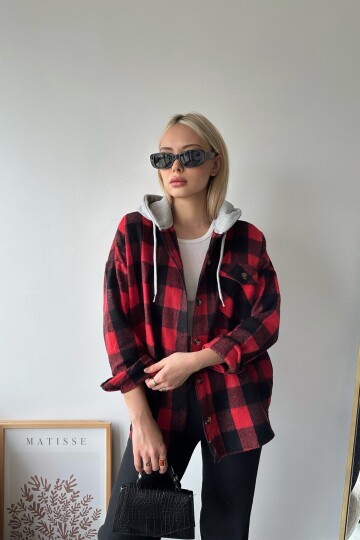 Kapüşonlu Oversize Cepli Düğmeli Ekose Gömlek Ceket