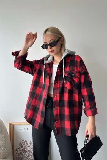 Kapüşonlu Oversize Cepli Düğmeli Ekose Gömlek Ceket
