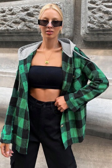 Kapüşonlu Oversize Cepli Düğmeli Ekose Gömlek Ceket