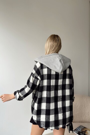 Kapüşonlu Oversize Cepli Düğmeli Ekose Gömlek Ceket