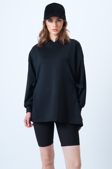 Kapüsonlu Yandan Bağlamalı Modal Oversize Sweatshirt