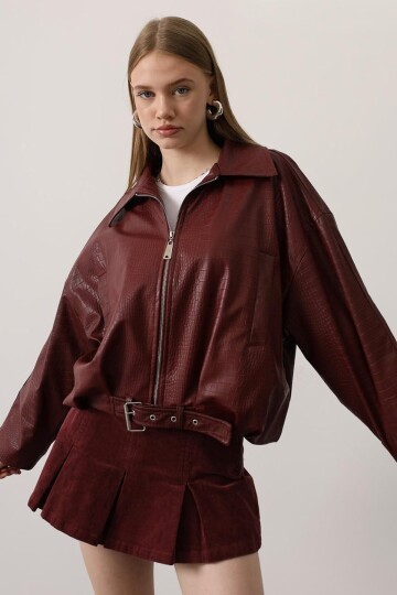 Kemer Detaylı Suni Deri Bomber Ceket