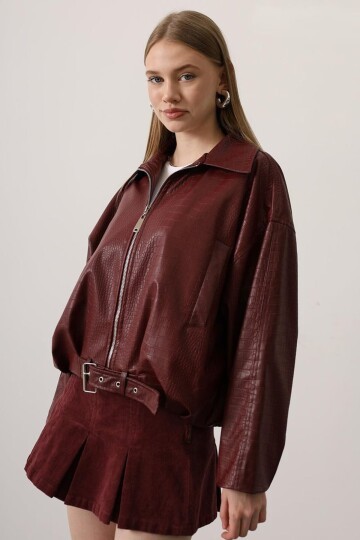 Kemer Detaylı Suni Deri Bomber Ceket