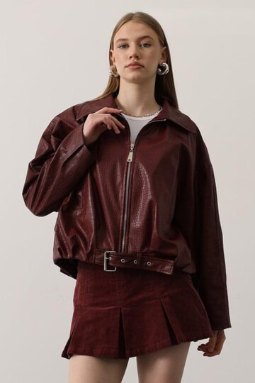 Kemer Detaylı Suni Deri Bomber Ceket
