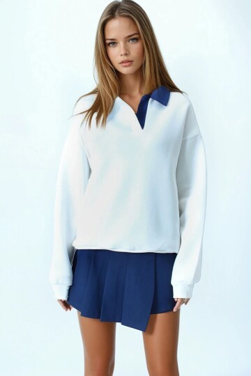 Kontrast Denim Yaka Uzun Kollu Sweatshirt