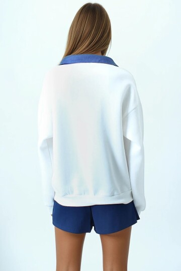 Kontrast Denim Yaka Uzun Kollu Sweatshirt