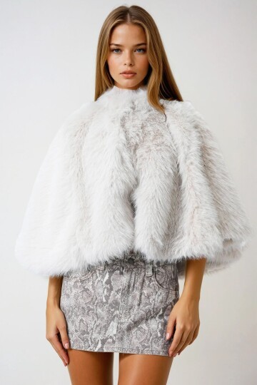 Krem Agraflı Astarlı Kürk Pelerin