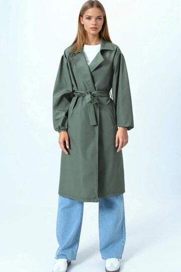 Kruvaze Yaka Bağlamalı Kolları Lastikli Trençkot