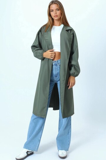 Kruvaze Yaka Bağlamalı Kolları Lastikli Trençkot