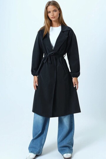 Kruvaze Yaka Bağlamalı Kolları Lastikli Trençkot
