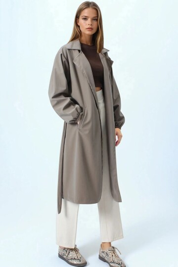 Kruvaze Yaka Bağlamalı Kolları Lastikli Trençkot