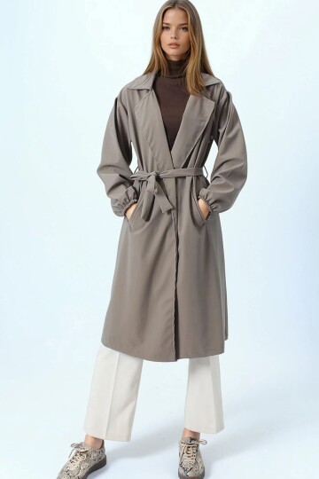 Kruvaze Yaka Bağlamalı Kolları Lastikli Trençkot