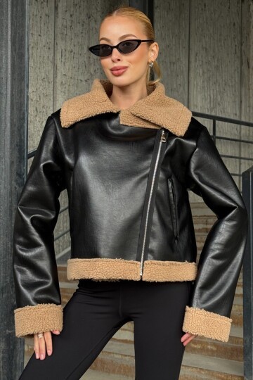 Kruvaze Yaka Fermuar Kapamalı İçi Kürklü Mont