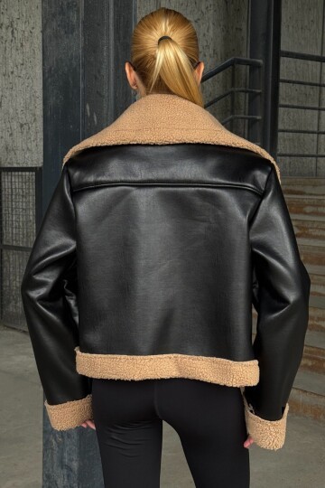 Kruvaze Yaka Fermuar Kapamalı İçi Kürklü Mont