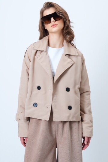 Kruvaze Yaka İçi Astarlı Kısa Trenç Ceket