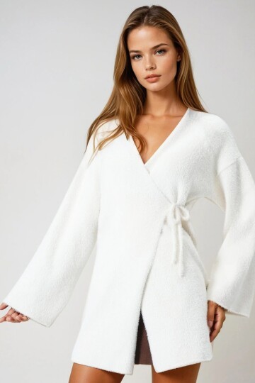 Kruvaze Yaka Püsküllü Hırka