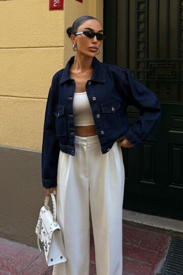 Lacivert Çif Cepli Düğme Kapamalı Crop Denim Ceket