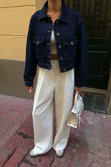 Lacivert Çif Cepli Düğme Kapamalı Crop Denim Ceket