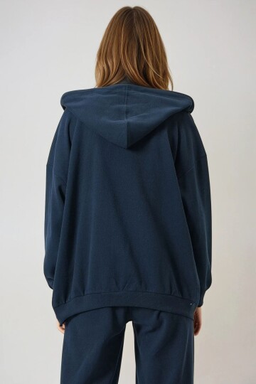 Çift Cepli Fermuar Kapamalı Kapüşonlu Hırka