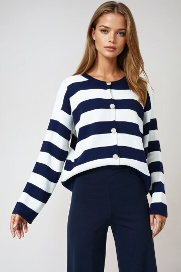 Lacivert Kalın Çizgili Düğmeli Triko Hırka