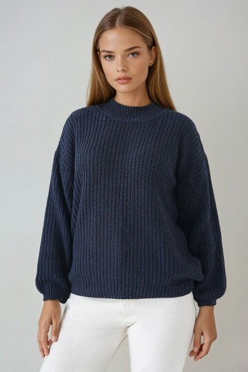 Lacivert Yarım Balıkçı Yaka Düşük Omuz Kalın Örgülü Triko Kazak