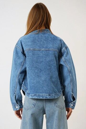 Mavi Çift Cepli Tam Düğme Kapamalı Denim Ceket