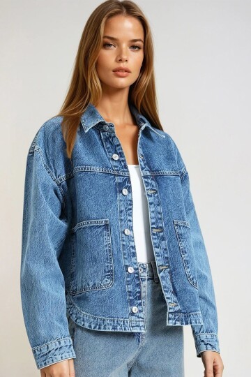 Mavi Çift Cepli Tam Düğme Kapamalı Denim Ceket