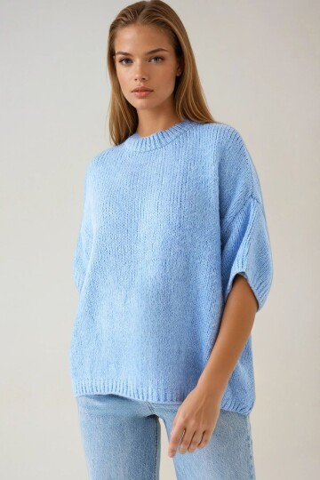 Mavi Yarım Kollu Yarım Balıkçı Yaka Oversize Yumuşak Dokulu Triko Kazak