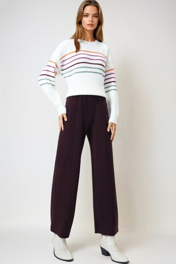 Mürdüm Beli Lastikli Cepsiz Palazzo Pantolon